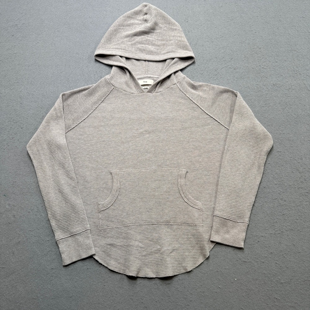 TNA Aritzia Hoodie‎ Women's 2XS Gray Waffle Knit Thermal Cropped Curved Pullver